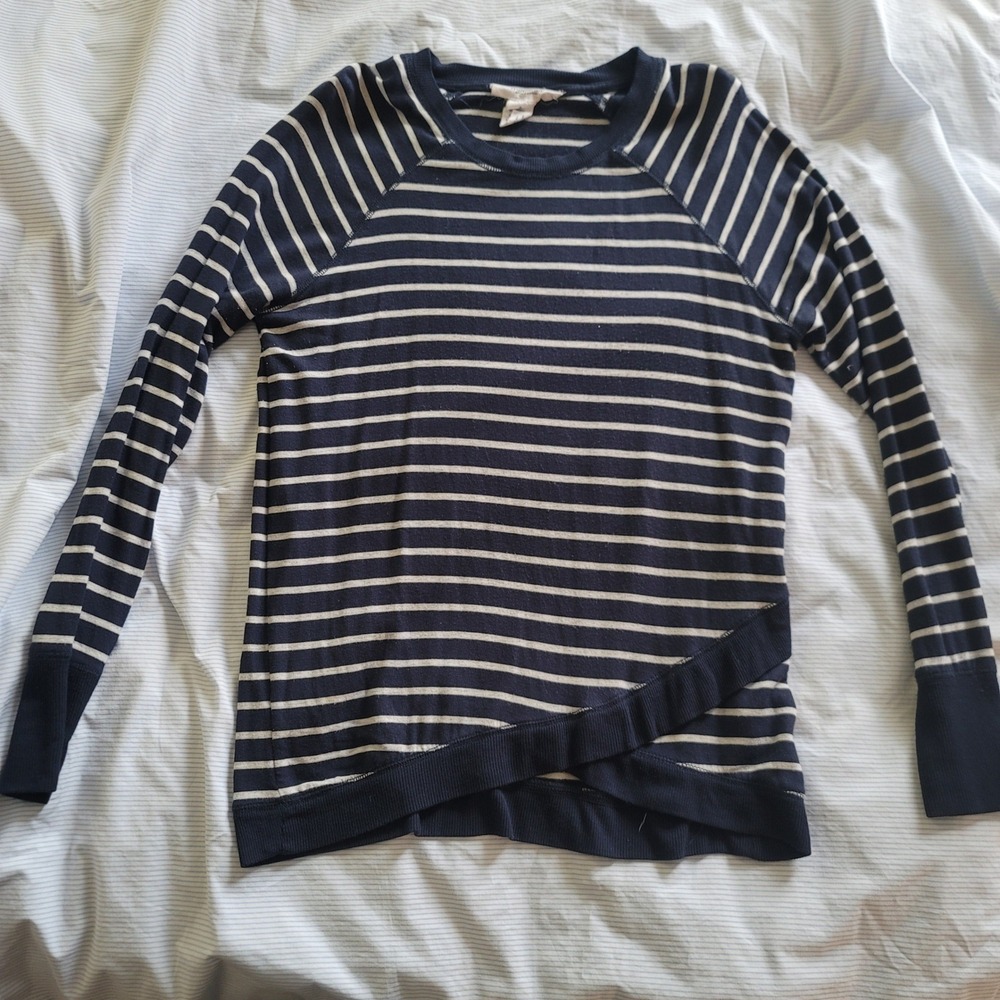 Workshop Republic Clothing Striped Long‎ Sleeve V Neck Top Women's S Navy White